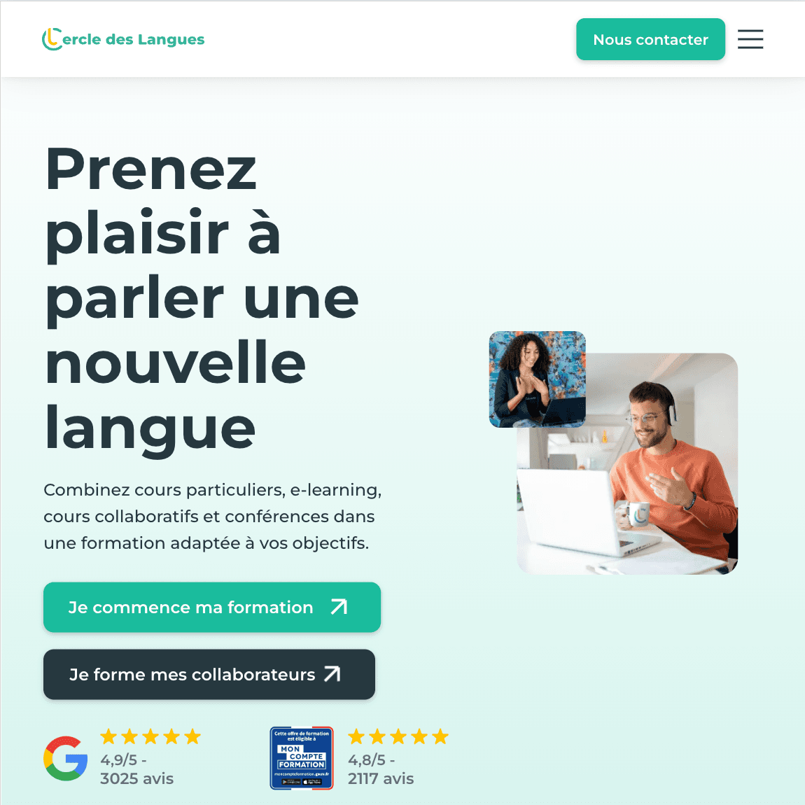 Screenshot of the Cercle des Langues marketing homepage