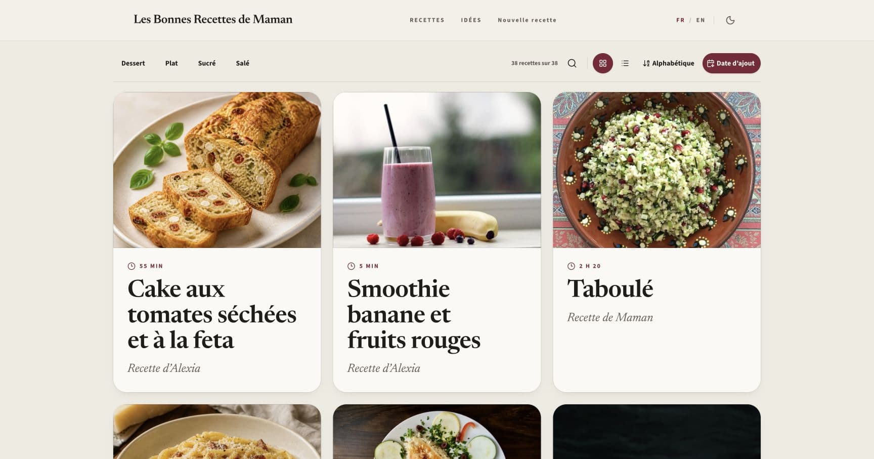 Les Bonnes Recettes de Maman recipe library with food photography and recipe cards