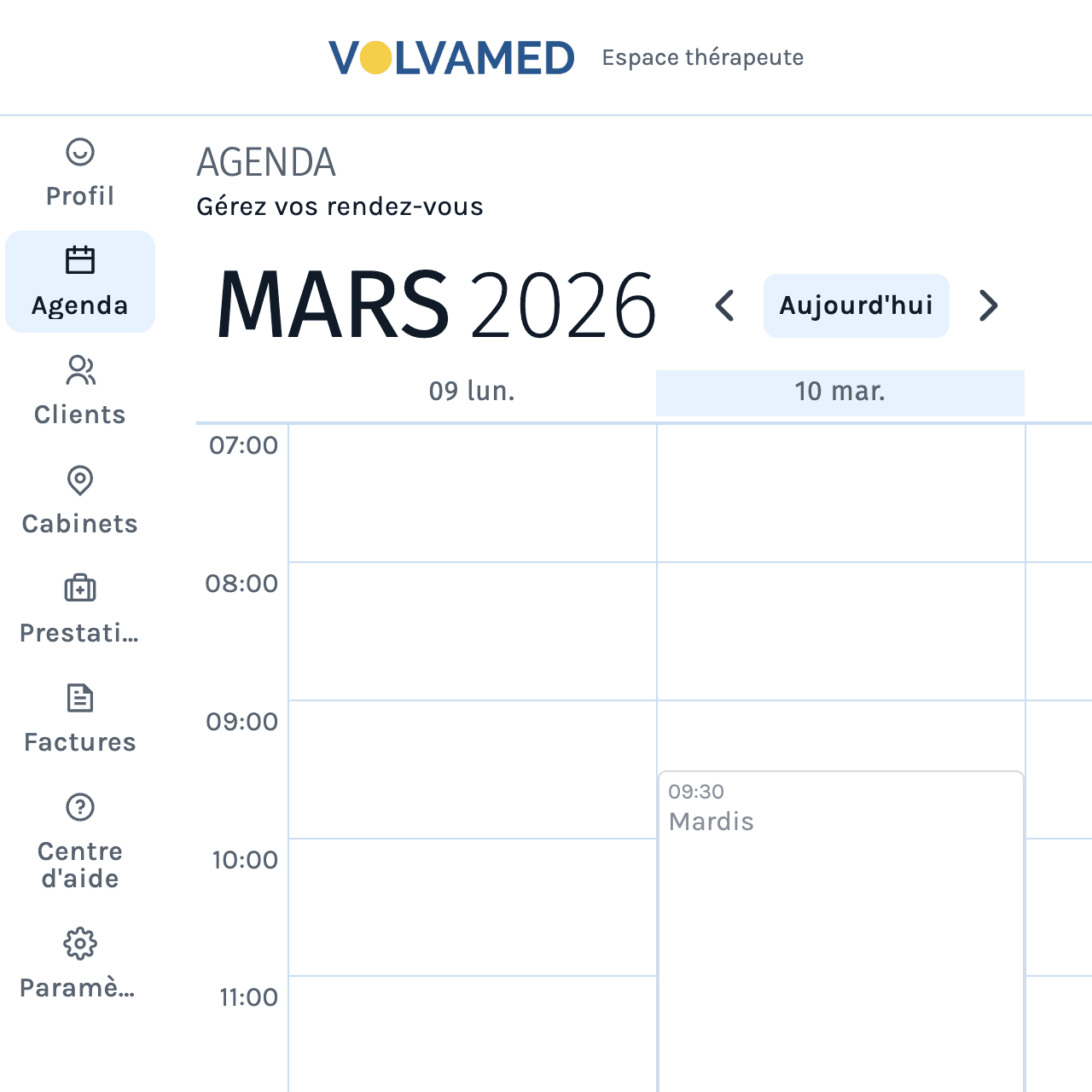 Screenshot of the Volvamed therapist agenda with scheduled appointments