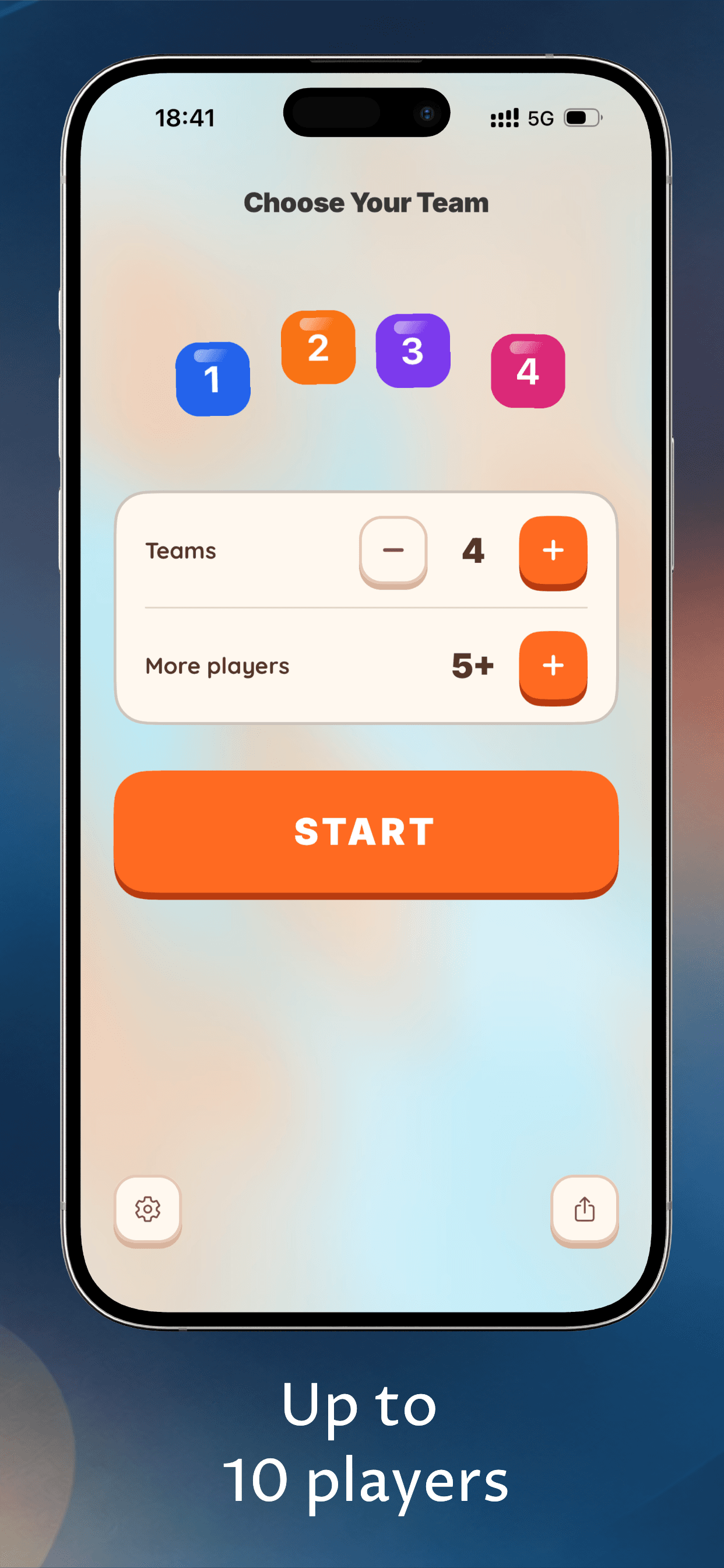 Choose Your Team setup screen with team count and support for up to ten players