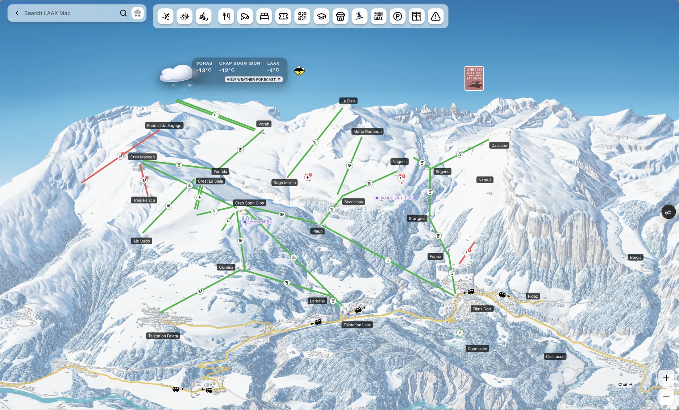 Interactive LAAX resort map with live lift status and layers