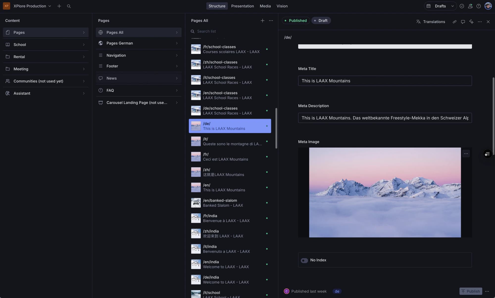 Sanity content studio showing LAAX marketing content structure