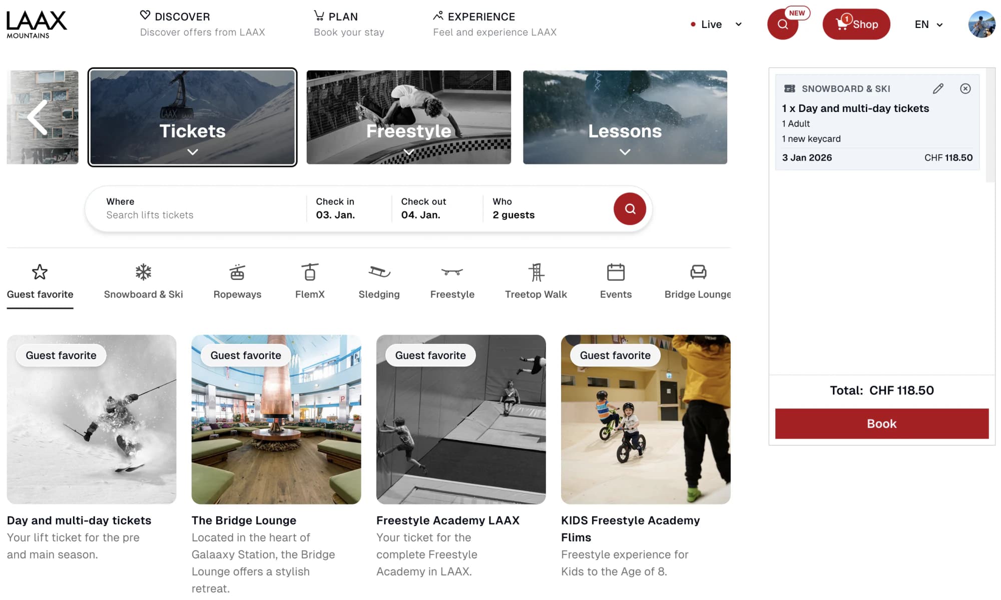 LAAX e-commerce flow showing products and checkout