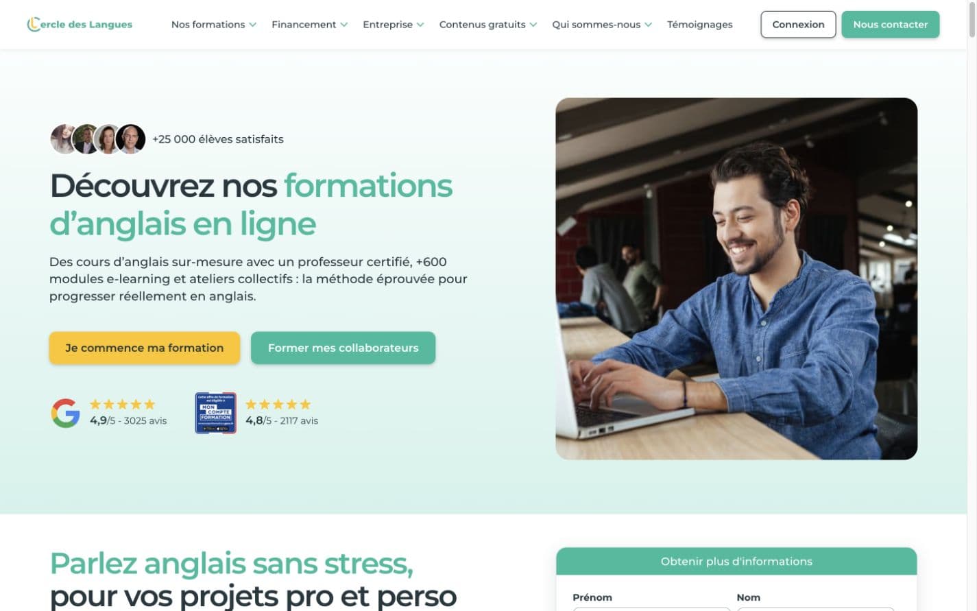 Online English training programme landing page