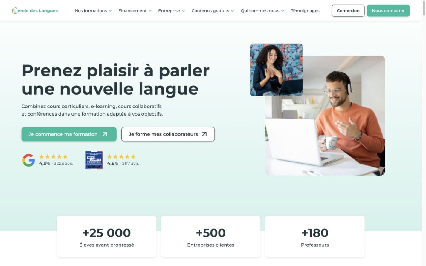 Cercle des Langues homepage and training proposition