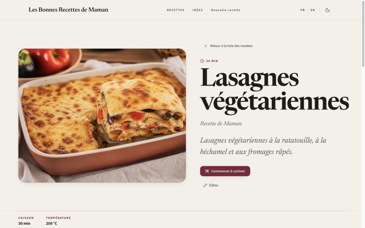 Vegetarian lasagne recipe detail and guided cooking entry point