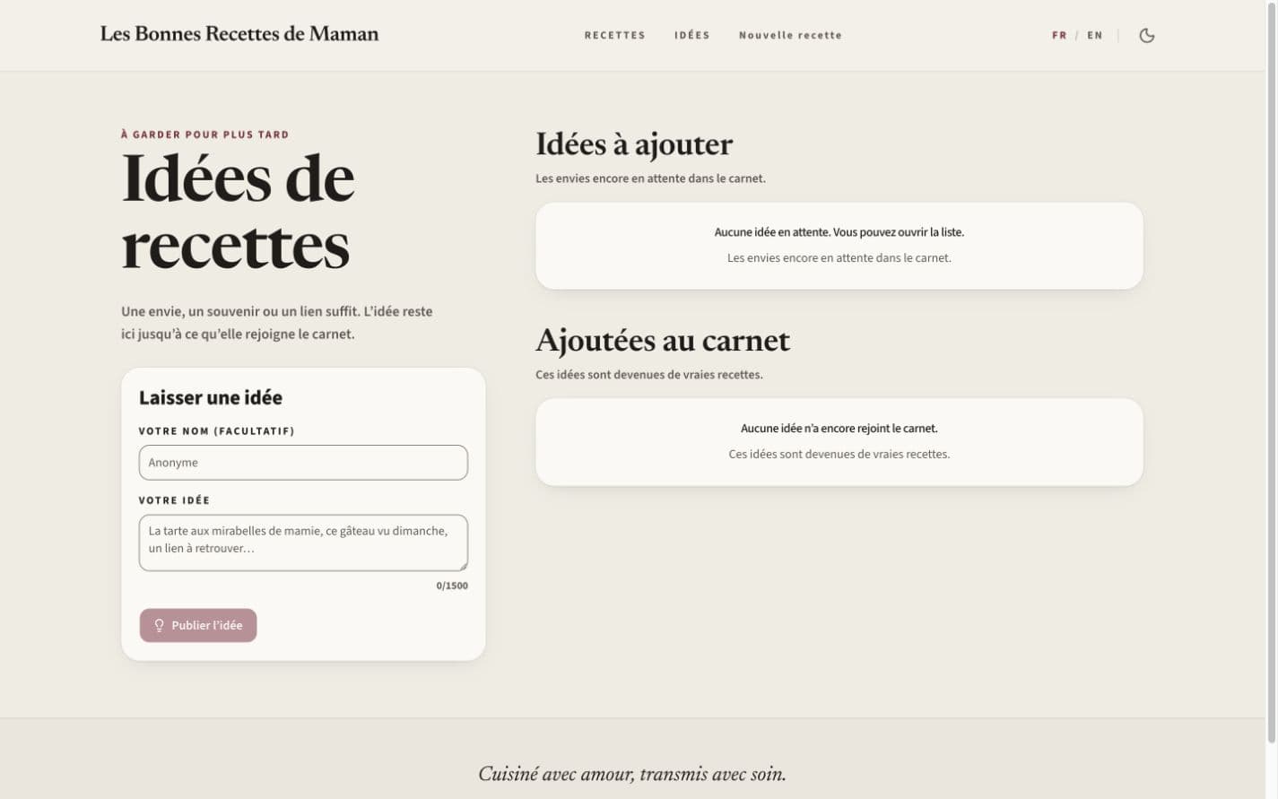 Community recipe ideas submission and publishing workspace