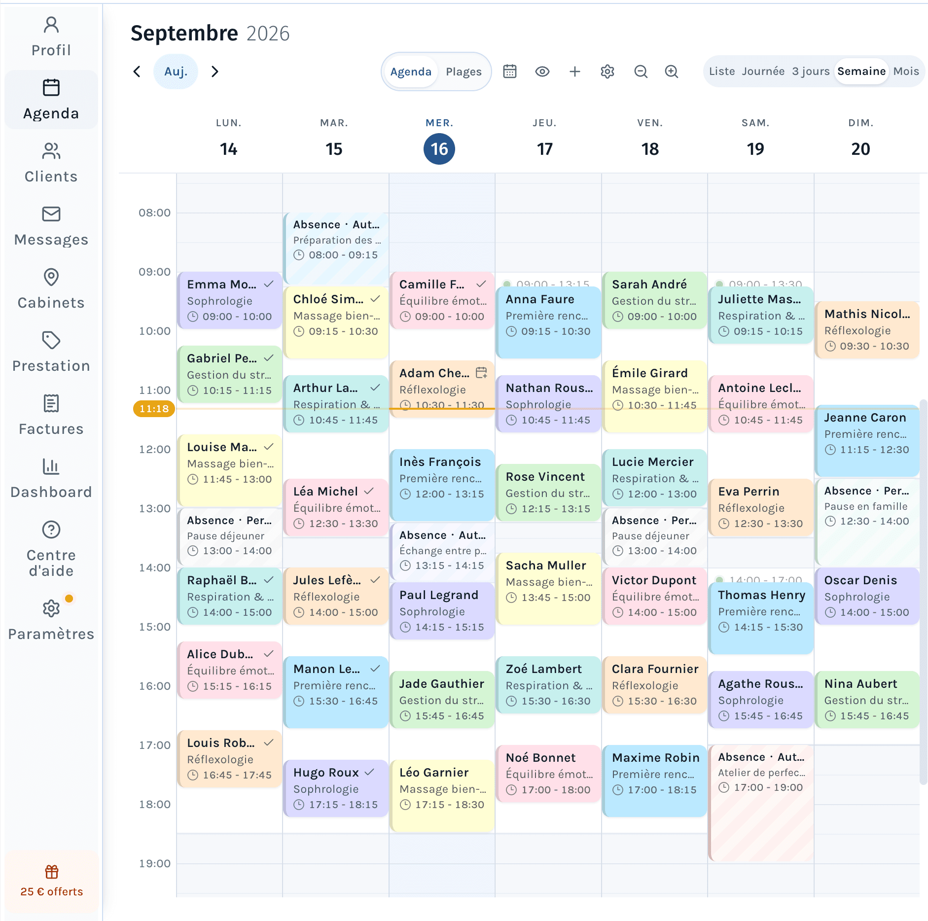 Volvamed weekly agenda with practitioner appointments in September 2026