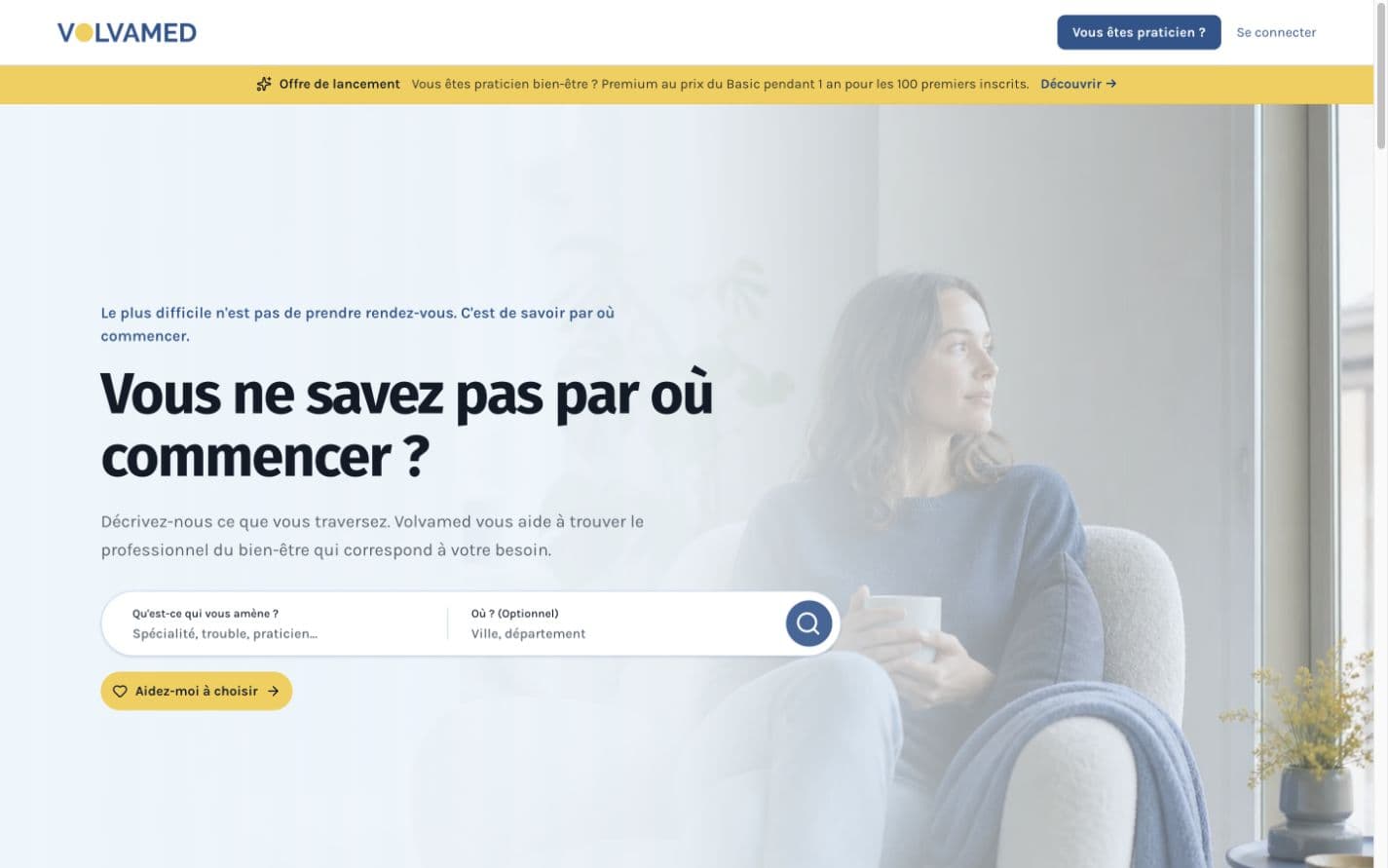 Volvamed homepage guiding visitors toward the right wellbeing practitioner